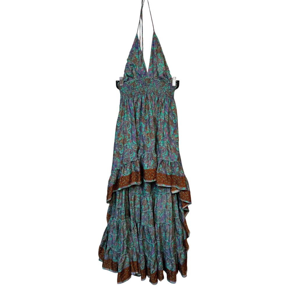 Zury Silk Blend Boho Maxi Dress Paisley Halter High Low Tiered Gypsy Free Size
